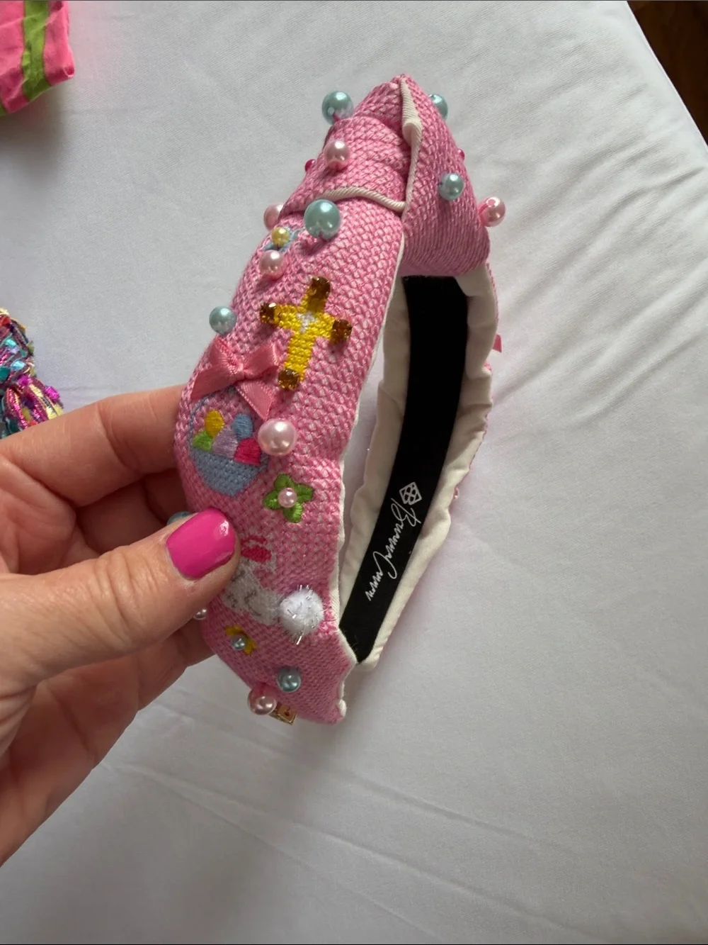 Embellished Pink Padded Headband with Pearls & Cross Detail